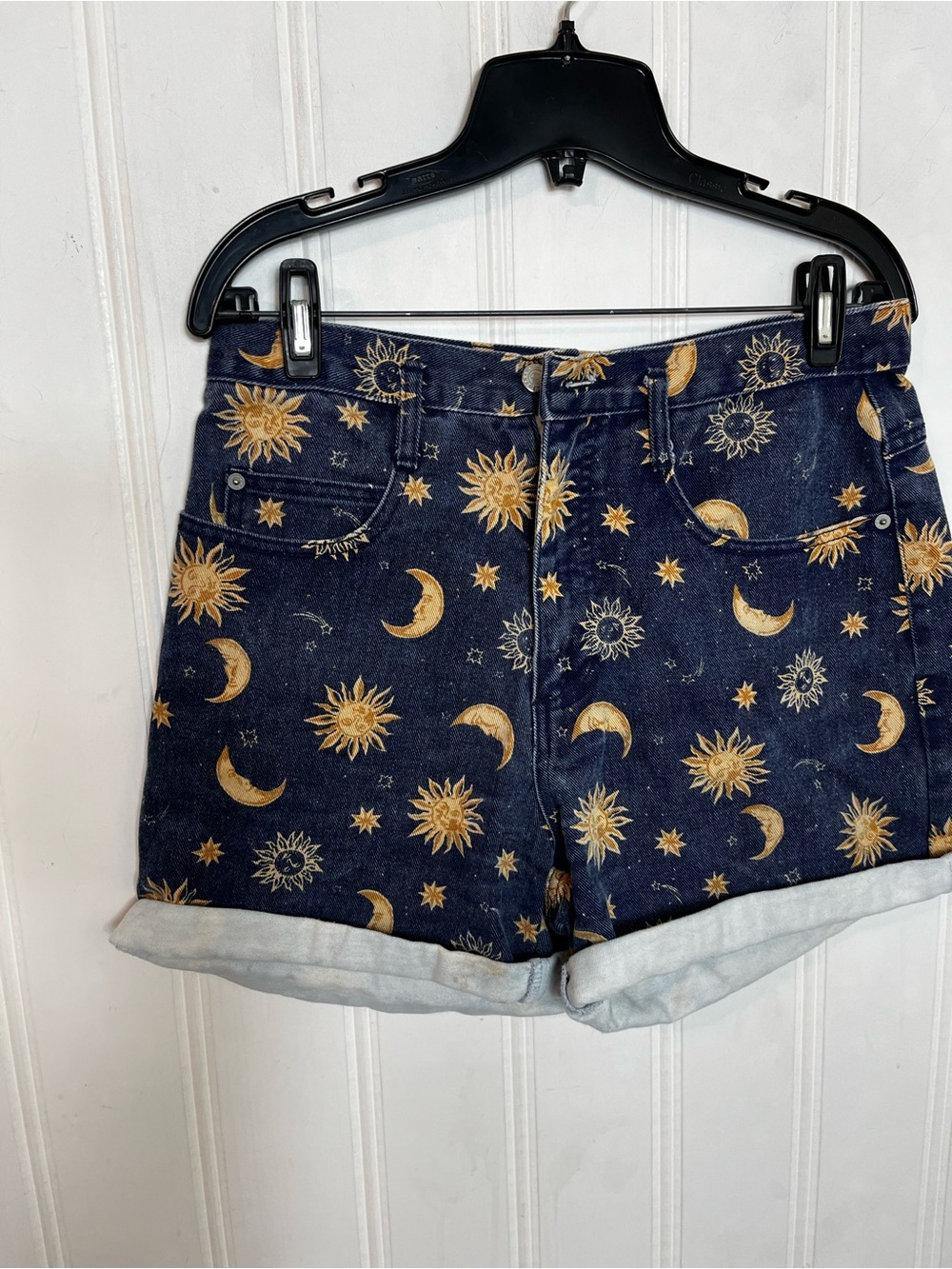 High-Rise Sun & Moon Print Denim Shorts - Navy & Gold